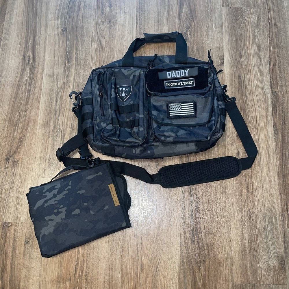 Tactical Baby Gear TBG Deuce 2.0 Diaper Bag Black Camo Patches With Changing Pad